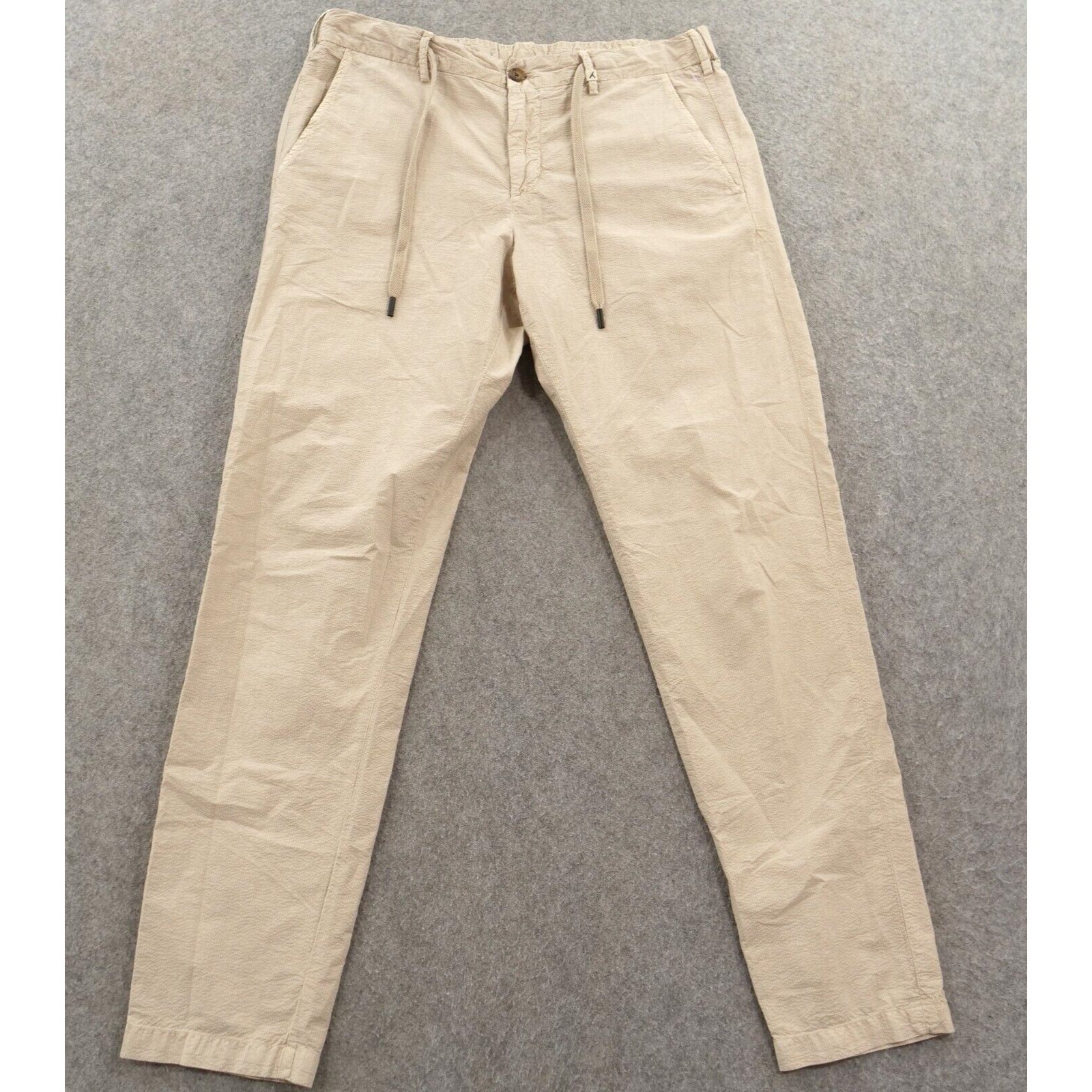 Myths Pants Womens Extra Large Beige 52 Italy Flat Front Seersucker Drawstring